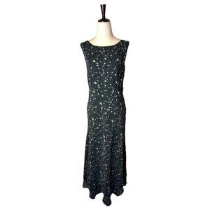 Pure 100% Silk Black or Blackish Blue & Ivory Polkadot Dress. MIDI/Maxi, EUC.